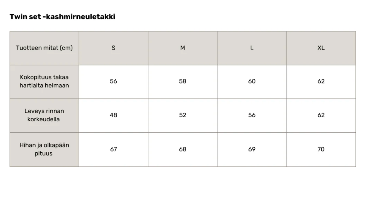 Karla cashmere neuletakki, mittataulukko