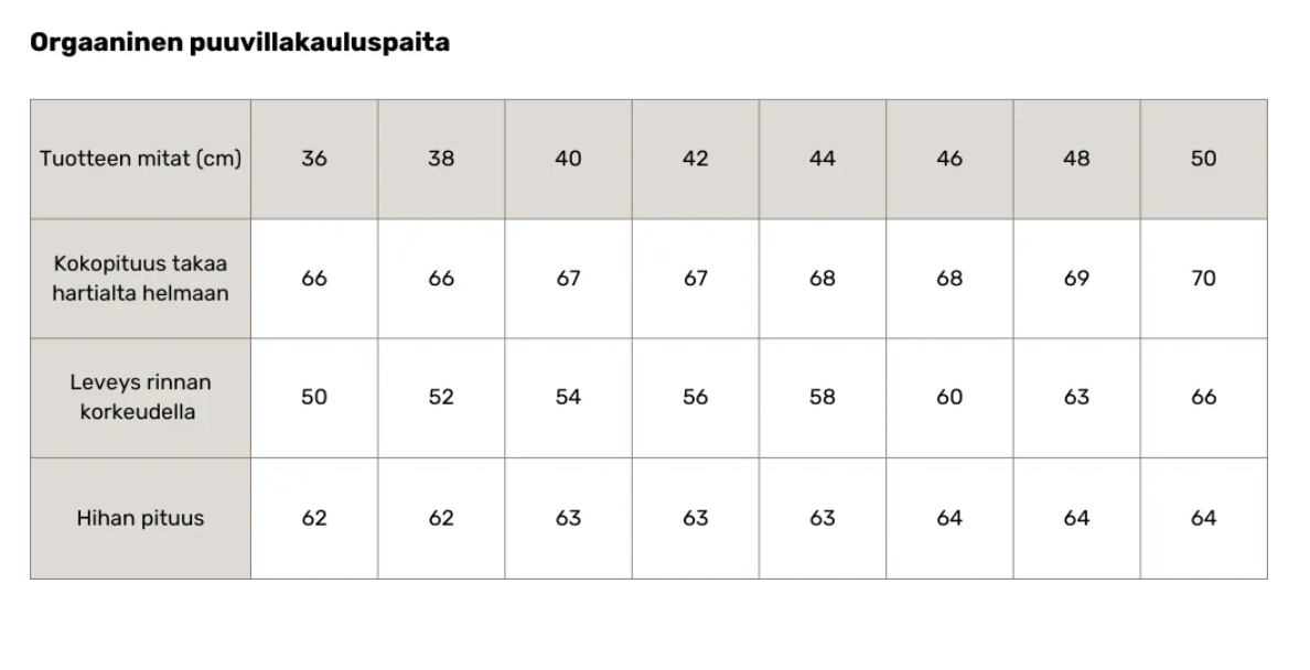 Cami kauluspaita luomupuuvillaa, mittataulukko