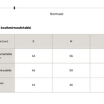 Karlia cashmere neuletakki, mittataulukko