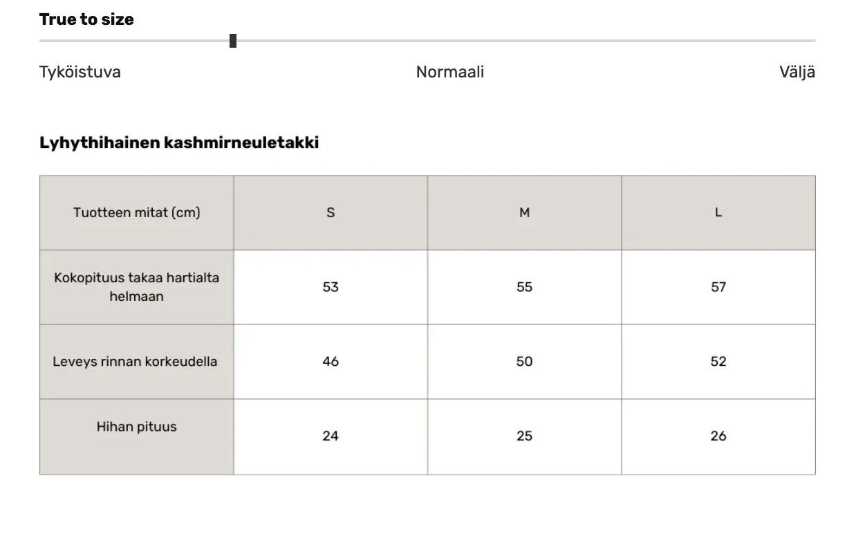 Karlia cashmere neuletakki, mittataulukko