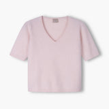 Lyhythihainen cashmereneule v-kaula-aukolla, Pale Pink